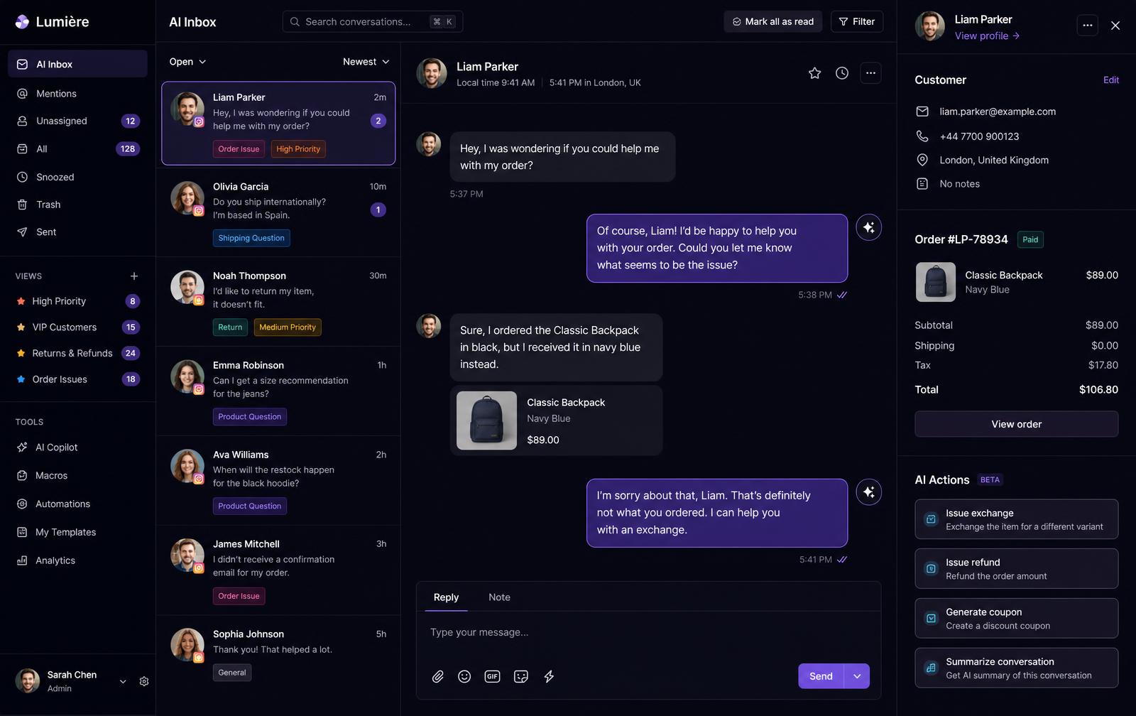 RightChat unified inbox dashboard showing customer conversations, orders and AI actions